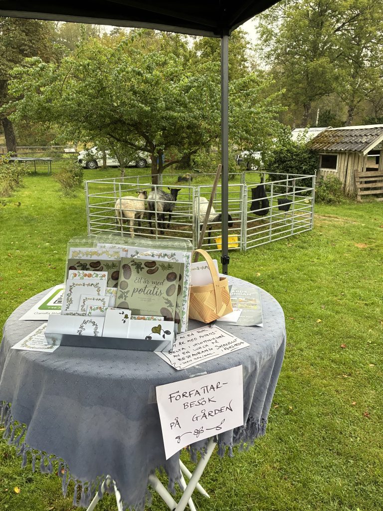 Bord med bok och kort till författarbesök